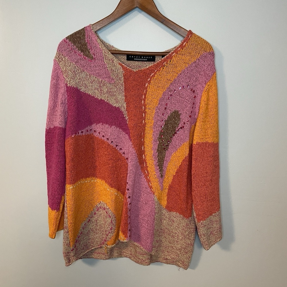 Crazy Horse Collection Color Art To Wear Knit V Neck Sweater Embellishments L‎